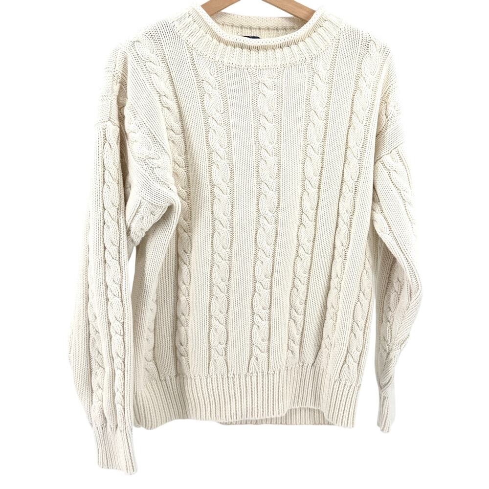 Vintage 90s Gap White Made in UK 100% Cotton Roll Top Cable Knit Sweater